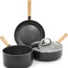 GreenPan Hudson Healthy Ceramic Nonstick, 4 Piece Cookware Pots and Pans Set, Vintage Wood Inspired Handle, PFAS-Free, Dishwasher Safe, Black