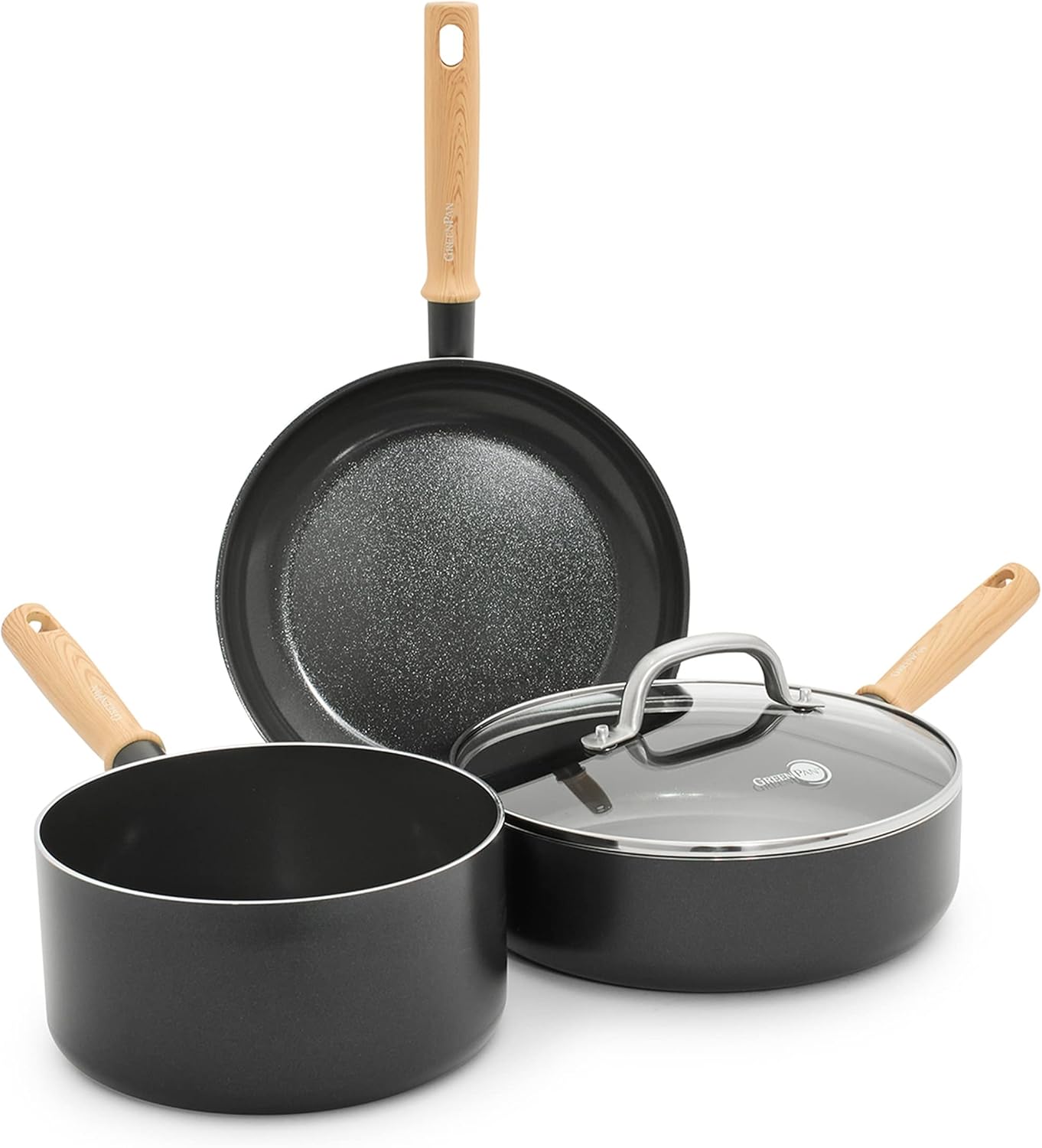 GreenPan Hudson Healthy Ceramic Nonstick, 4 Piece Cookware Pots and Pans Set, Vintage Wood Inspired Handle, PFAS-Free, Dishwasher Safe, Black GreenPan Hudson Healthy Ceramic Nonstick, 4 Piece Cookware Pots and Pans Set, Vintage Wood Inspired Handle, PFAS-Free, Dishwasher Safe, Black