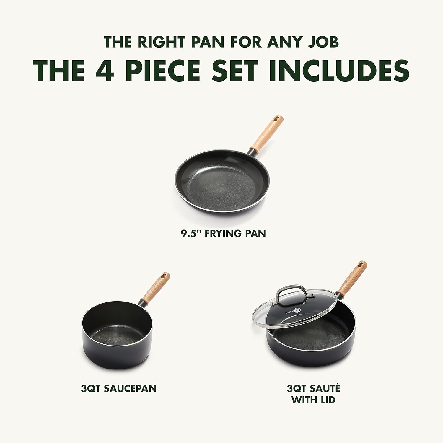 GreenPan Hudson Healthy Ceramic Nonstick, 4 Piece Cookware Pots and Pans Set, Vintage Wood Inspired Handle, PFAS-Free, Dishwasher Safe, Black2