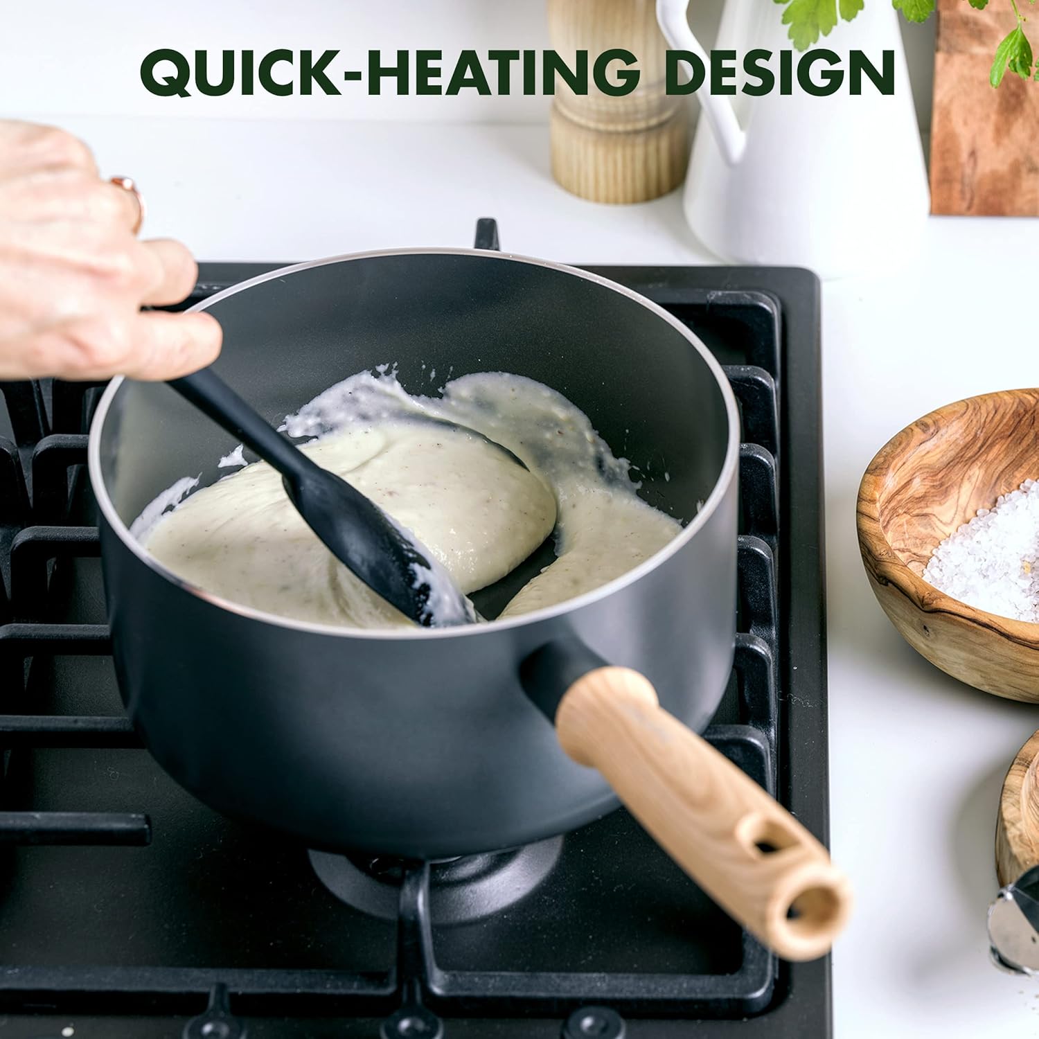 GreenPan Hudson Healthy Ceramic Nonstick, 4 Piece Cookware Pots and Pans Set, Vintage Wood Inspired Handle, PFAS-Free, Dishwasher Safe, Black77