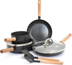 GreenPan Hudson Healthy Ceramic Nonstick, 8 Piece Cookware Pots and Pans Set, Vintage Wood Inspired Handle, PFAS-Free, Dishwasher Safe, Black