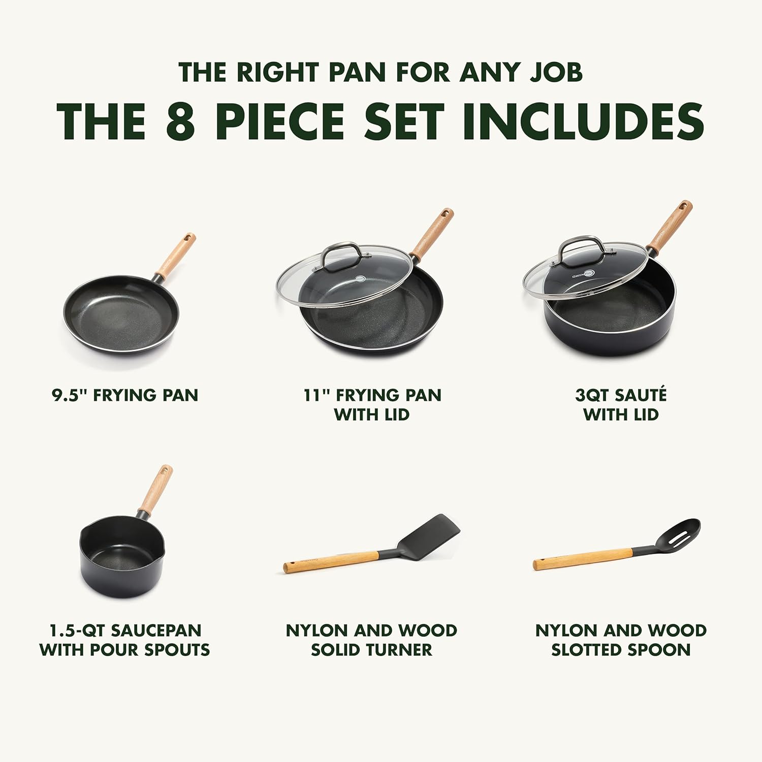 GreenPan Hudson Healthy Ceramic Nonstick, 8 Piece Cookware Pots and Pans Set, Vintage Wood Inspired Handle, PFAS-Free, Dishwasher Safe, Black1