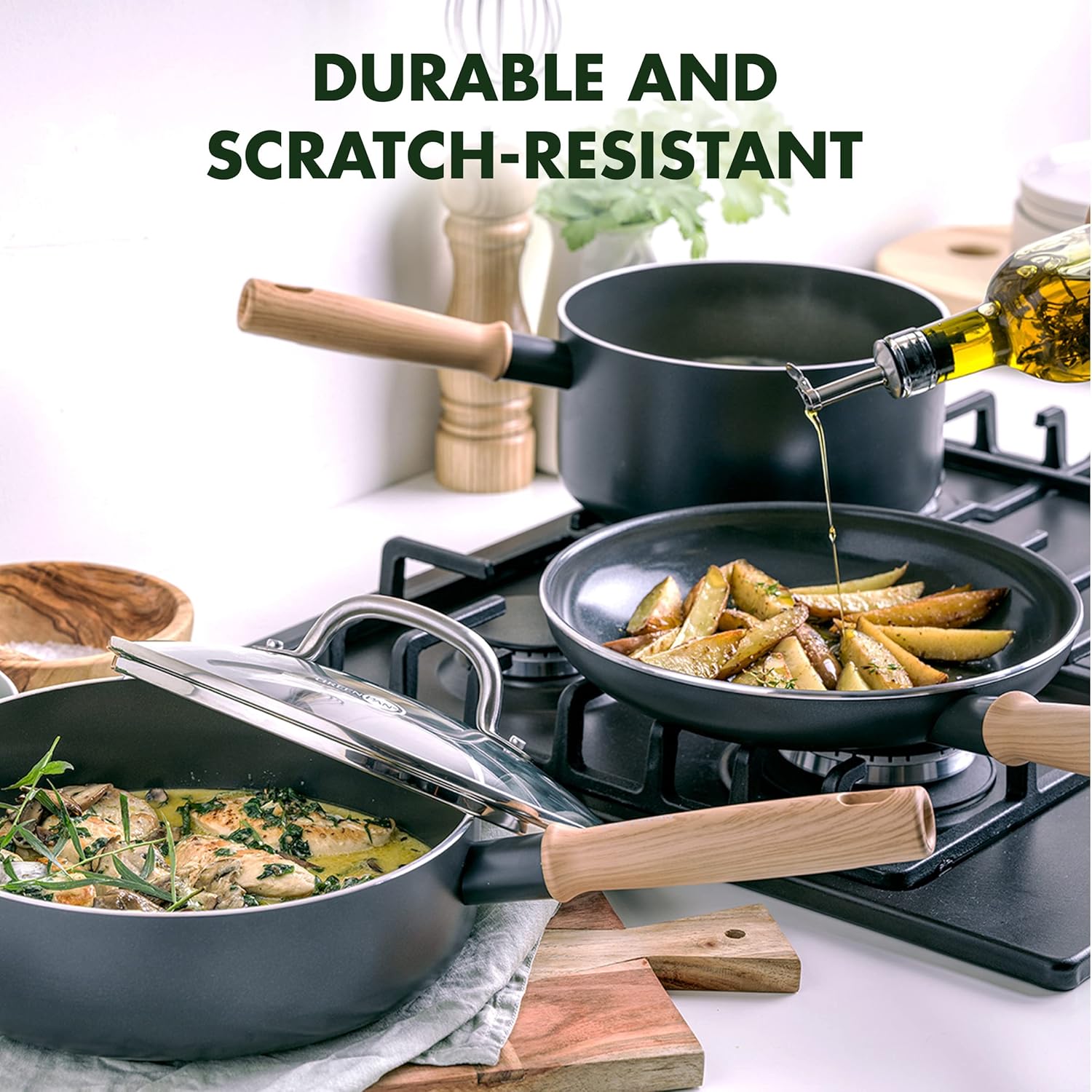 GreenPan Hudson Healthy Ceramic Nonstick, 8 Piece Cookware Pots and Pans Set, Vintage Wood Inspired Handle, PFAS-Free, Dishwasher Safe, Black8