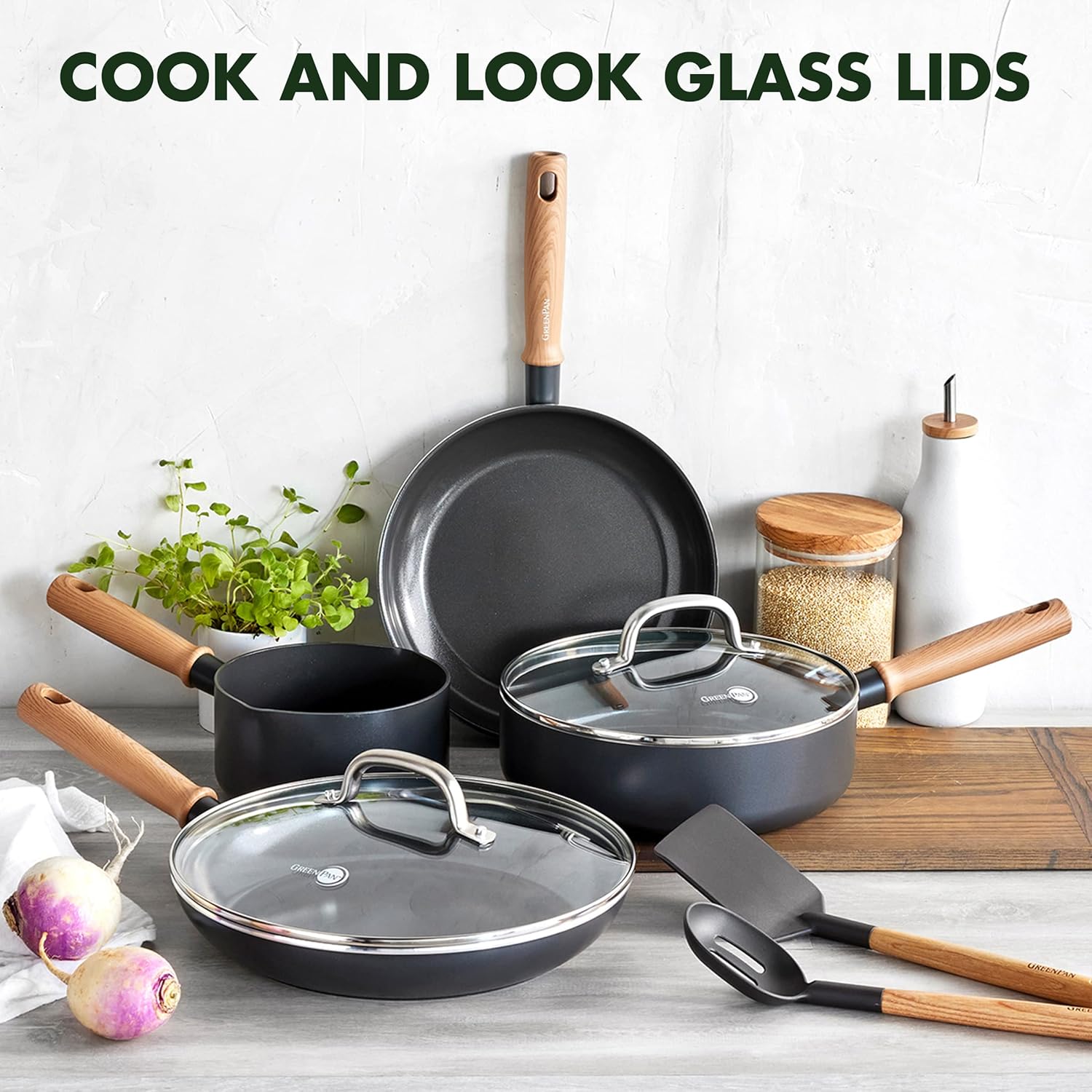 GreenPan Hudson Healthy Ceramic Nonstick, 8 Piece Cookware Pots and Pans Set, Vintage Wood Inspired Handle, PFAS-Free, Dishwasher Safe, Black9