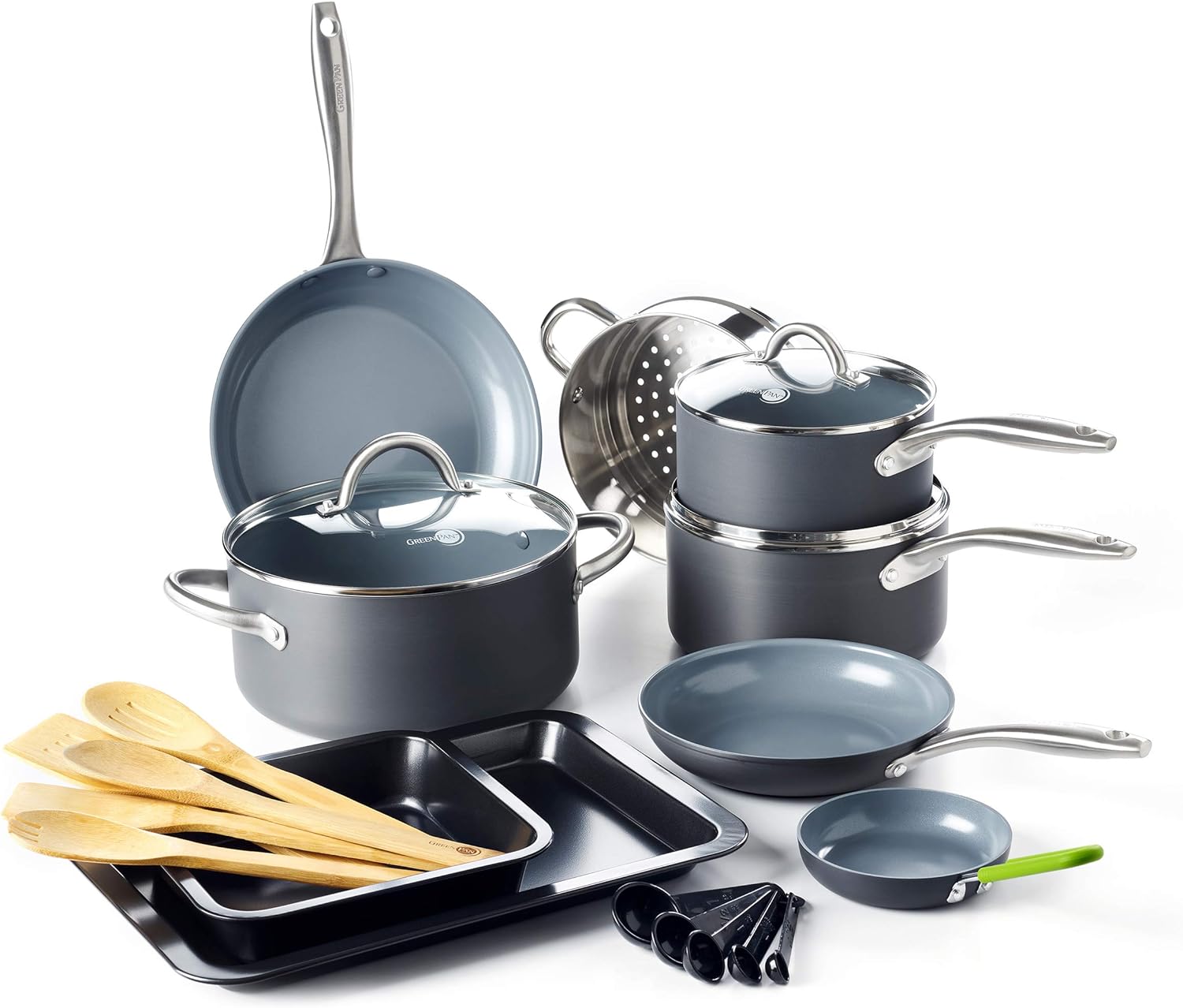 GreenPan Lima Hard Anodized Healthy Ceramic Nonstick 18 Piece Cookware Bakeware Pots and Pans Set, PFAS-Free, Oven Safe, Gray GreenPan Lima Hard Anodized Healthy Ceramic Nonstick 18 Piece Cookware Bakeware Pots and Pans Set, PFAS-Free, Oven Safe, Gray