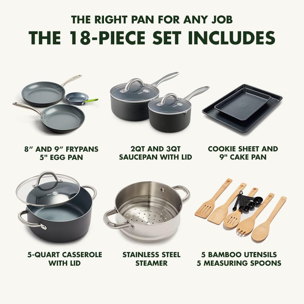 GreenPan Lima Hard Anodized Healthy Ceramic Nonstick 18 Piece Cookware Bakeware Pots and Pans Set, PFAS-Free, Oven Safe, Gray1