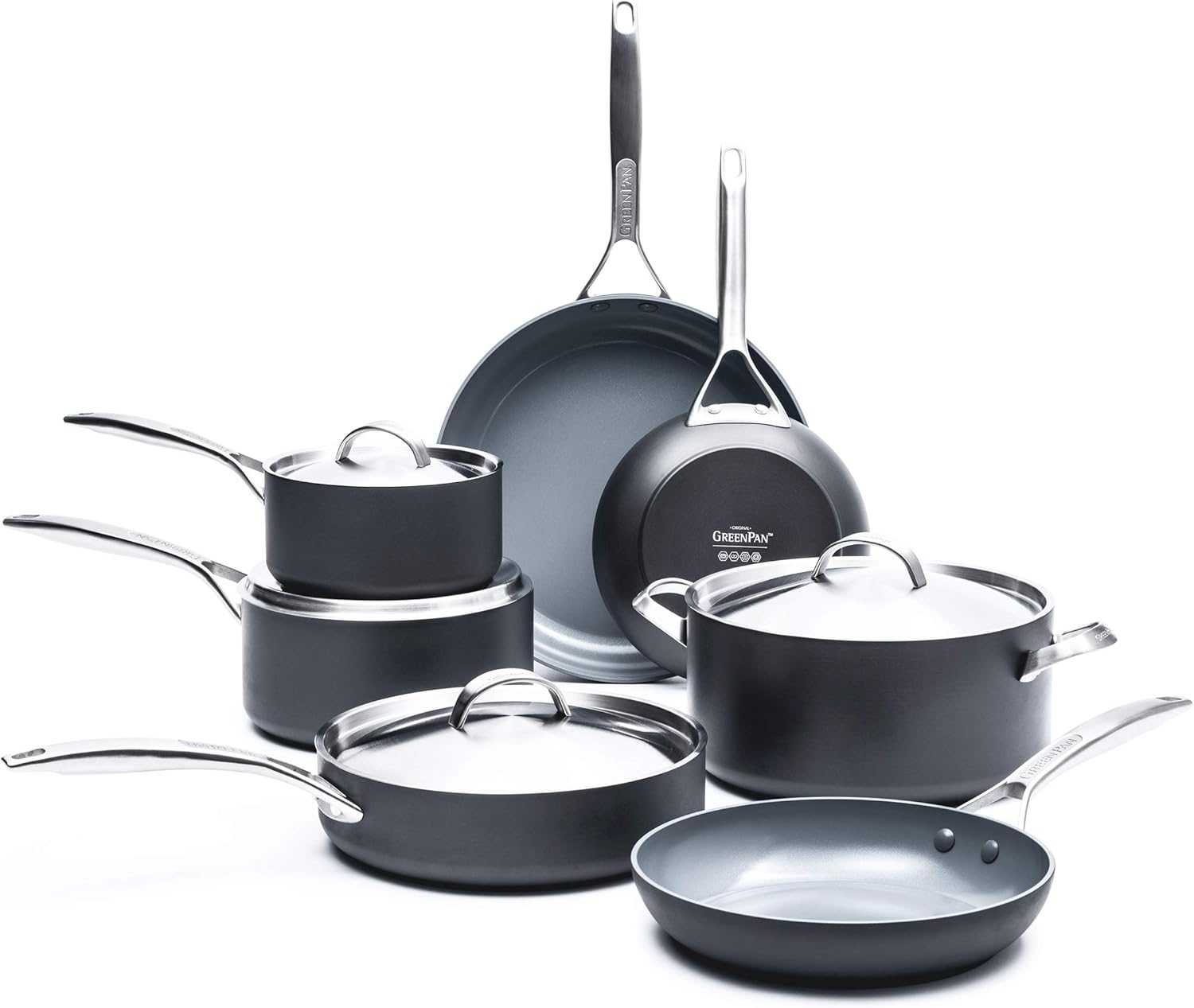 GreenPan Paris Pro Hard Anodized Healthy Ceramic Nonstick, 11 Piece Cookware Pots and Pans Set with Stainless Steel Lids, PFAS-Free, Dishwasher Safe, Grey GreenPan Paris Pro Hard Anodized Healthy Ceramic Nonstick, 11 Piece Cookware Pots and Pans Set with Stainless Steel Lids, PFAS-Free, Dishwasher Safe, Grey