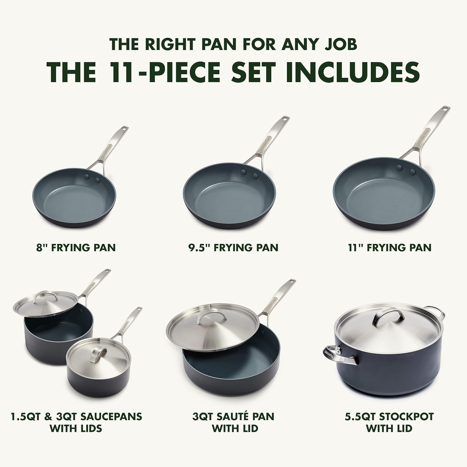 GreenPan Paris Pro Hard Anodized Healthy Ceramic Nonstick, 11 Piece Cookware Pots and Pans Set with Stainless Steel Lids, PFAS-Free, Dishwasher Safe, Grey4