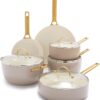 GreenPan Reserve 10 Piece Cookware Set, Non-Toxic PFAS-Free Hard Anodized Healthy Ceramic Nonstick, Stainless Steel Gold Handle, Glass Lids, Dishwasher Safe, Oven & Broiler Safe, Taupe Brown