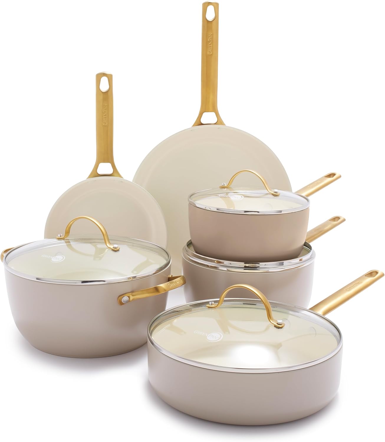 GreenPan Reserve 10 Piece Cookware Set, Non-Toxic PFAS-Free Hard Anodized Healthy Ceramic Nonstick, Stainless Steel Gold Handle, Glass Lids, Dishwasher Safe, Oven & Broiler Safe, Taupe Brown GreenPan Reserve 10 Piece Cookware Set, Non-Toxic PFAS-Free Hard Anodized Healthy Ceramic Nonstick, Stainless Steel Gold Handle, Glass Lids, Dishwasher Safe, Oven & Broiler Safe, Taupe Brown