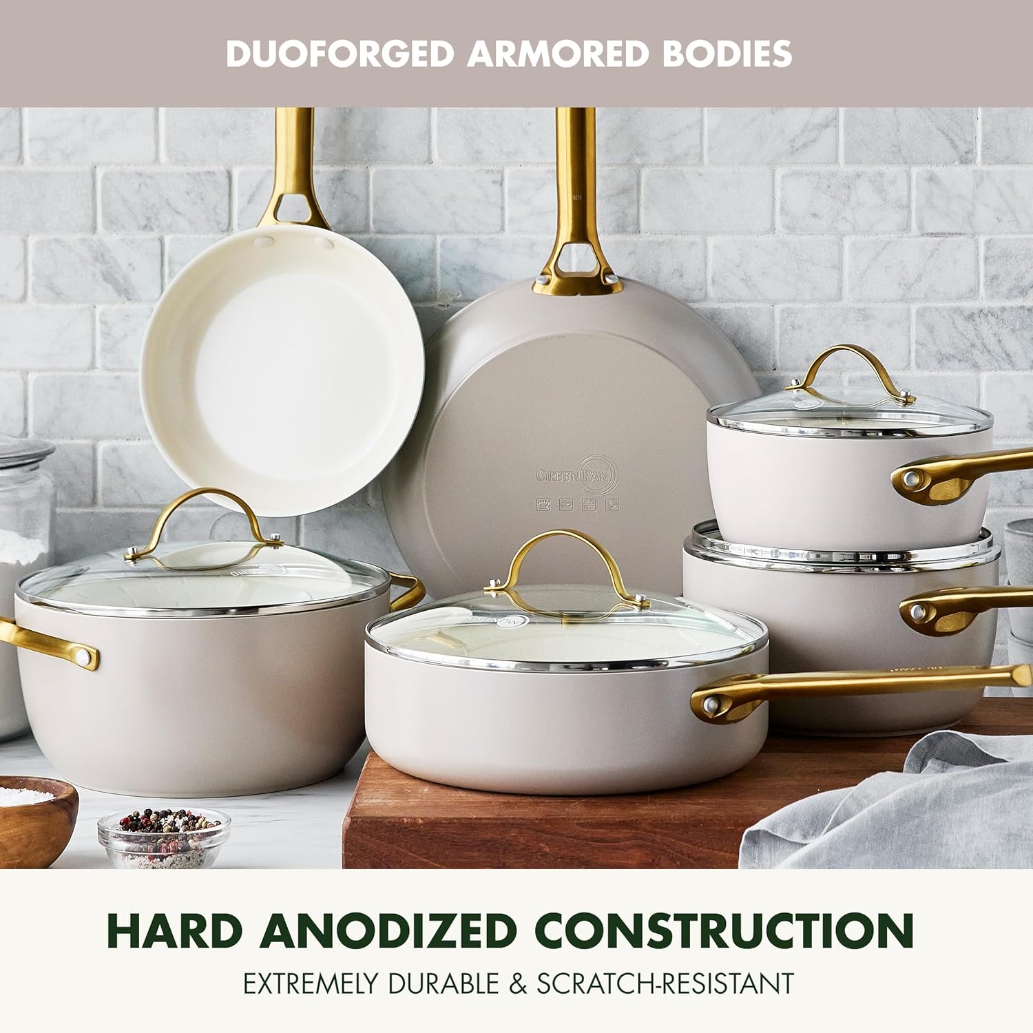 GreenPan Reserve 10 Piece Cookware Set, Non-Toxic PFAS-Free Hard Anodized Healthy Ceramic Nonstick, Stainless Steel Gold Handle, Glass Lids, Dishwasher Safe, Oven & Broiler Safe, Taupe Brown2