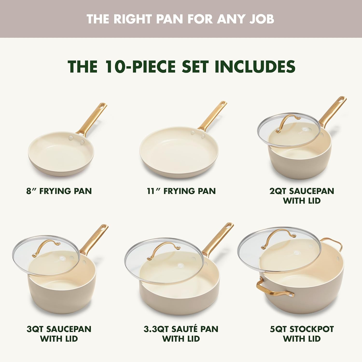 GreenPan Reserve 10 Piece Cookware Set, Non-Toxic PFAS-Free Hard Anodized Healthy Ceramic Nonstick, Stainless Steel Gold Handle, Glass Lids, Dishwasher Safe, Oven & Broiler Safe, Taupe Brown3