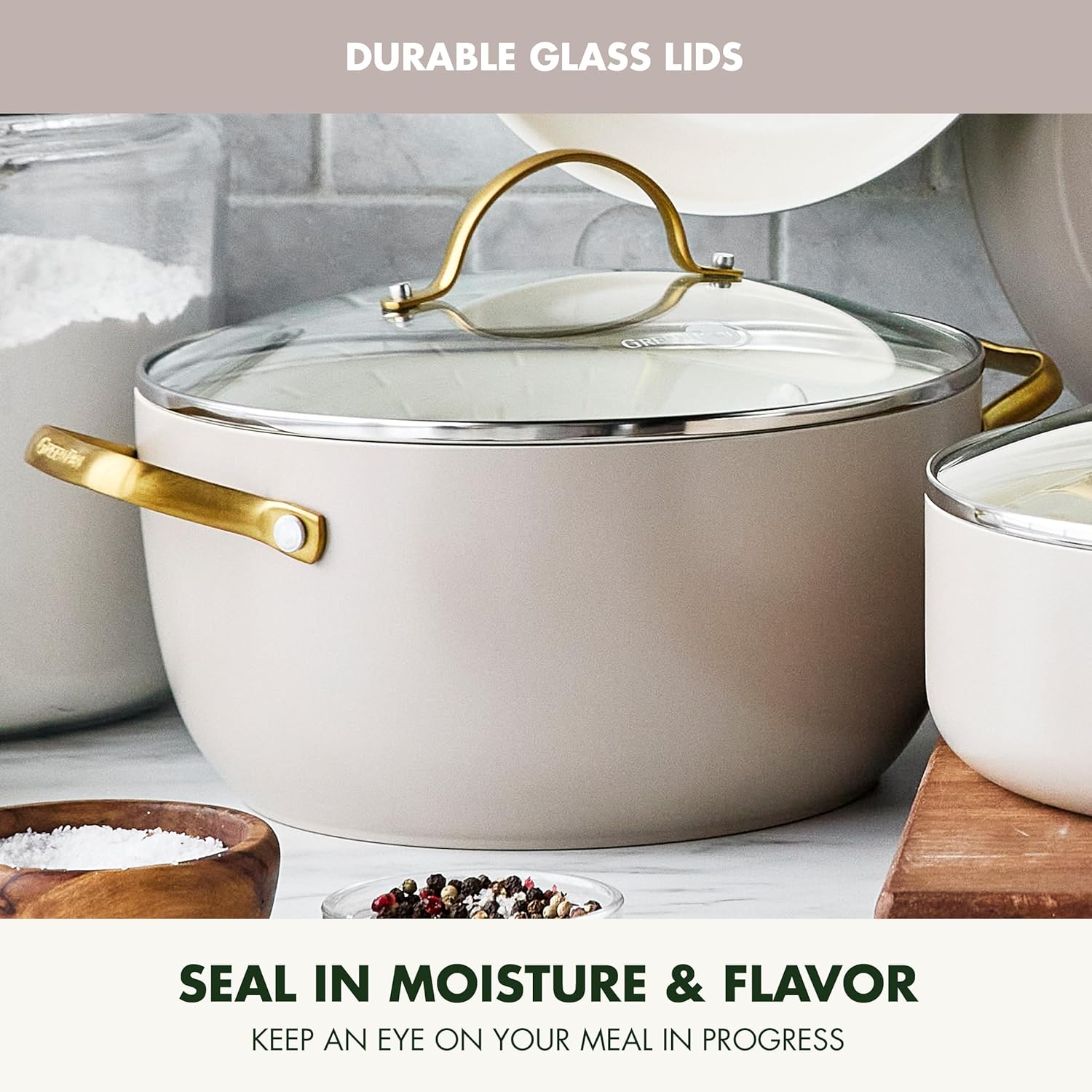 GreenPan Reserve 10 Piece Cookware Set, Non-Toxic PFAS-Free Hard Anodized Healthy Ceramic Nonstick, Stainless Steel Gold Handle, Glass Lids, Dishwasher Safe, Oven & Broiler Safe, Taupe Brown8