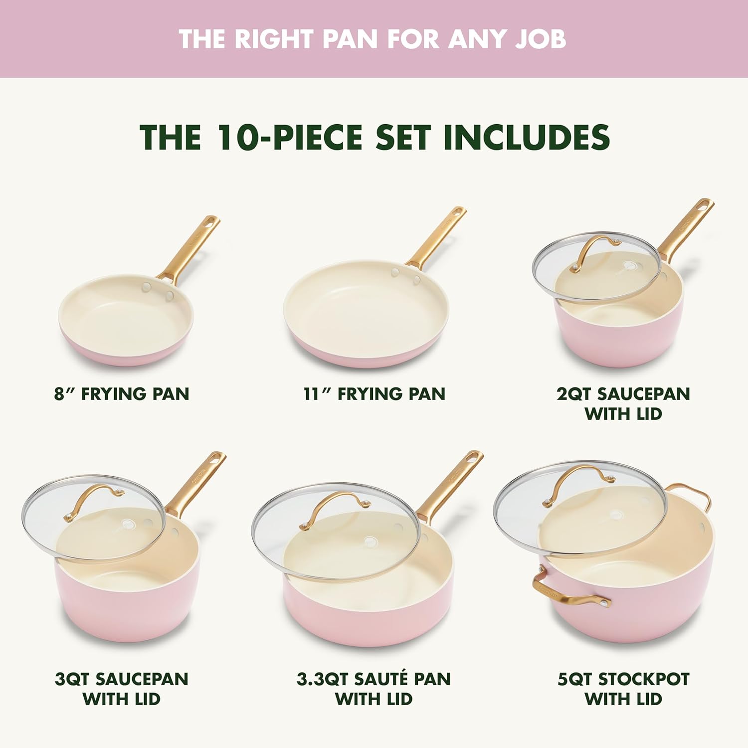 GreenPan Reserve Hard Anodized Healthy Ceramic Nonstick 10 Piece Cookware Pots and Pans Set, Gold Handle, PFAS-Free, Dishwasher Safe, Oven Safe, Blush Pink3