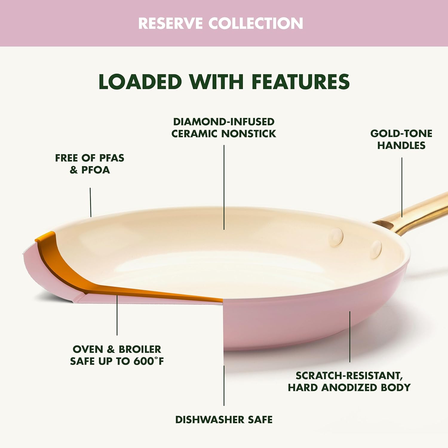 GreenPan Reserve Hard Anodized Healthy Ceramic Nonstick 10 Piece Cookware Pots and Pans Set, Gold Handle, PFAS-Free, Dishwasher Safe, Oven Safe, Blush Pink4