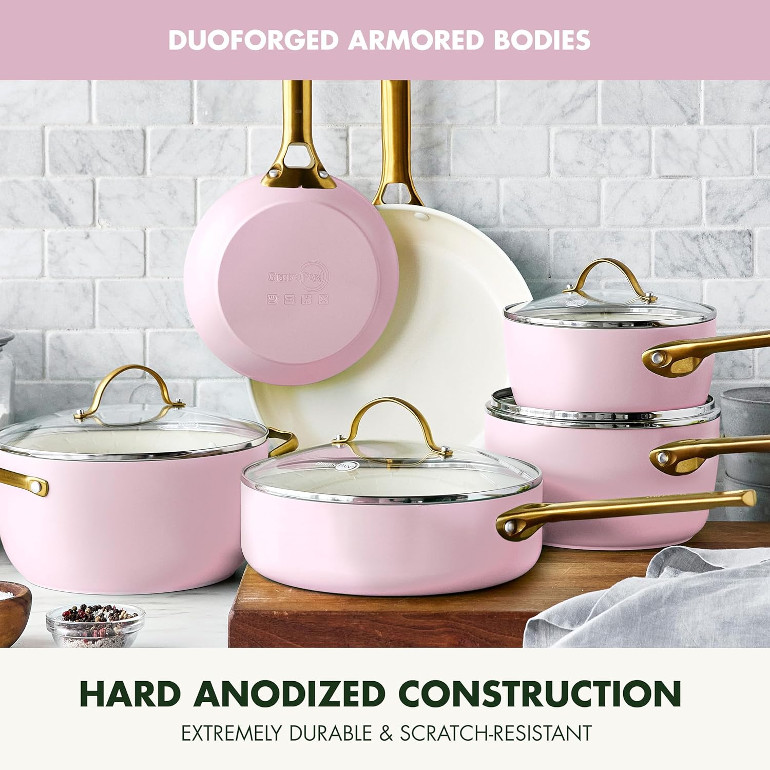 GreenPan Reserve Hard Anodized Healthy Ceramic Nonstick 10 Piece Cookware Pots and Pans Set, Gold Handle, PFAS-Free, Dishwasher Safe, Oven Safe, Blush Pink5