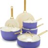 GreenPan Reserve Hard Anodized Healthy Ceramic Nonstick 10 Piece Cookware Pots and Pans Set, Gold Handle, PFAS-Free, Dishwasher Safe, Oven Safe, Periwinkle