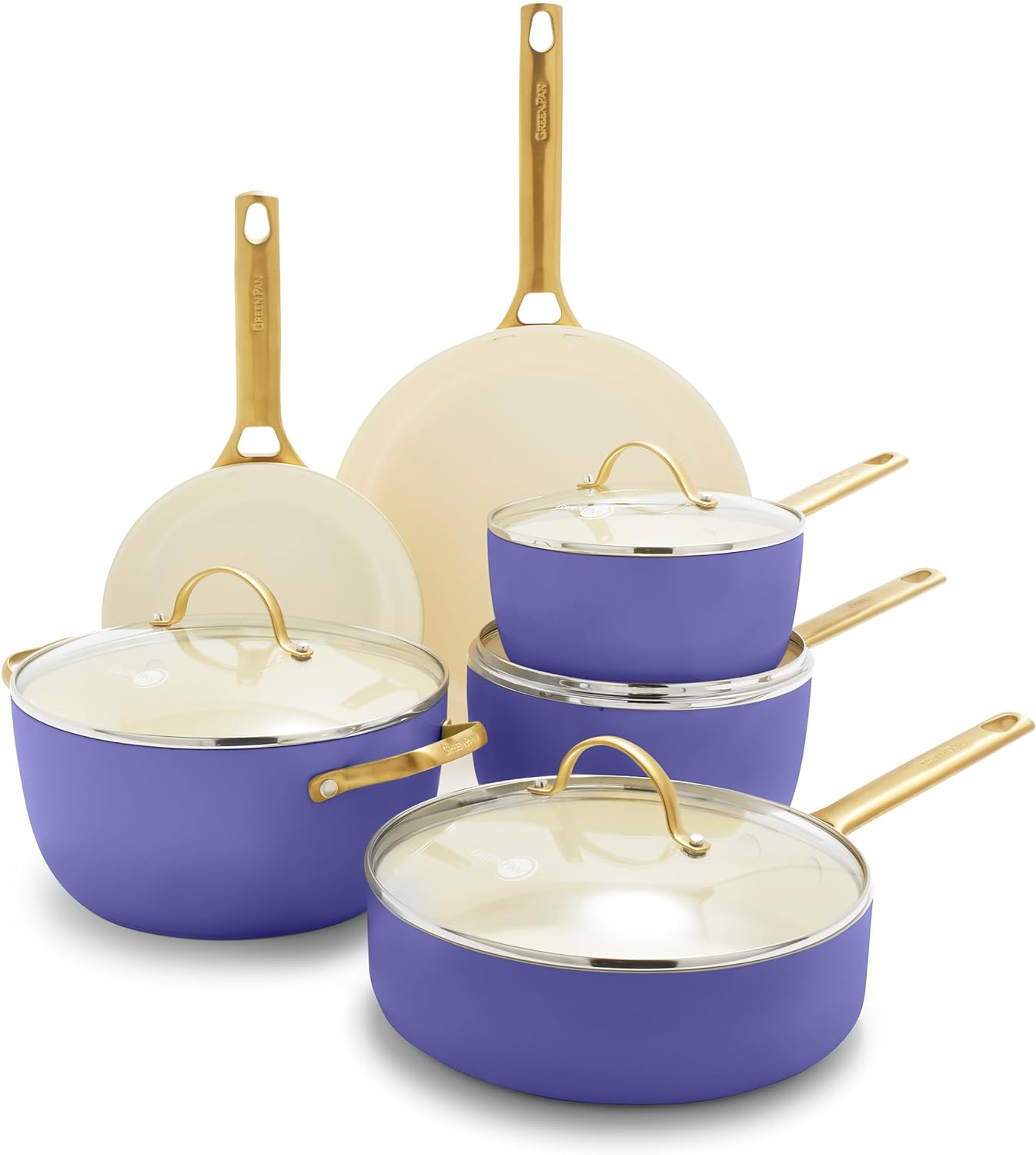 GreenPan Reserve Hard Anodized Healthy Ceramic Nonstick 10 Piece Cookware Pots and Pans Set, Gold Handle, PFAS-Free, Dishwasher Safe, Oven Safe, Periwinkle GreenPan Reserve Hard Anodized Healthy Ceramic Nonstick 10 Piece Cookware Pots and Pans Set, Gold Handle, PFAS-Free, Dishwasher Safe, Oven Safe, Periwinkle