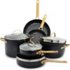 GreenPan Reserve Hard Anodized Healthy Ceramic Nonstick 10 Piece Cookware Pots and Pans Set, Gold-Tone Stainless Steel Handles, PFAS & PFOA-Free, Dishwasher Safe, Oven & Broiler Safe, Black