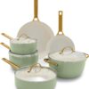 GreenPan Reserve Hard Anodized Healthy Ceramic Nonstick 10 Piece Cookware Pots and Pans Set, Gold-Tone Stainless Steel Handles, PFAS & PFOA-Free, Dishwasher Safe, Oven & Broiler Safe, Sage Green