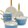 GreenPan Reserve Hard Anodized Healthy Ceramic Nonstick 10 Piece Cookware Pots and Pans Set, Gold-Tone Stainless Steel Handles, PFAS & PFOA-Free, Dishwasher Safe, Oven & Broiler Safe, Sky Blue