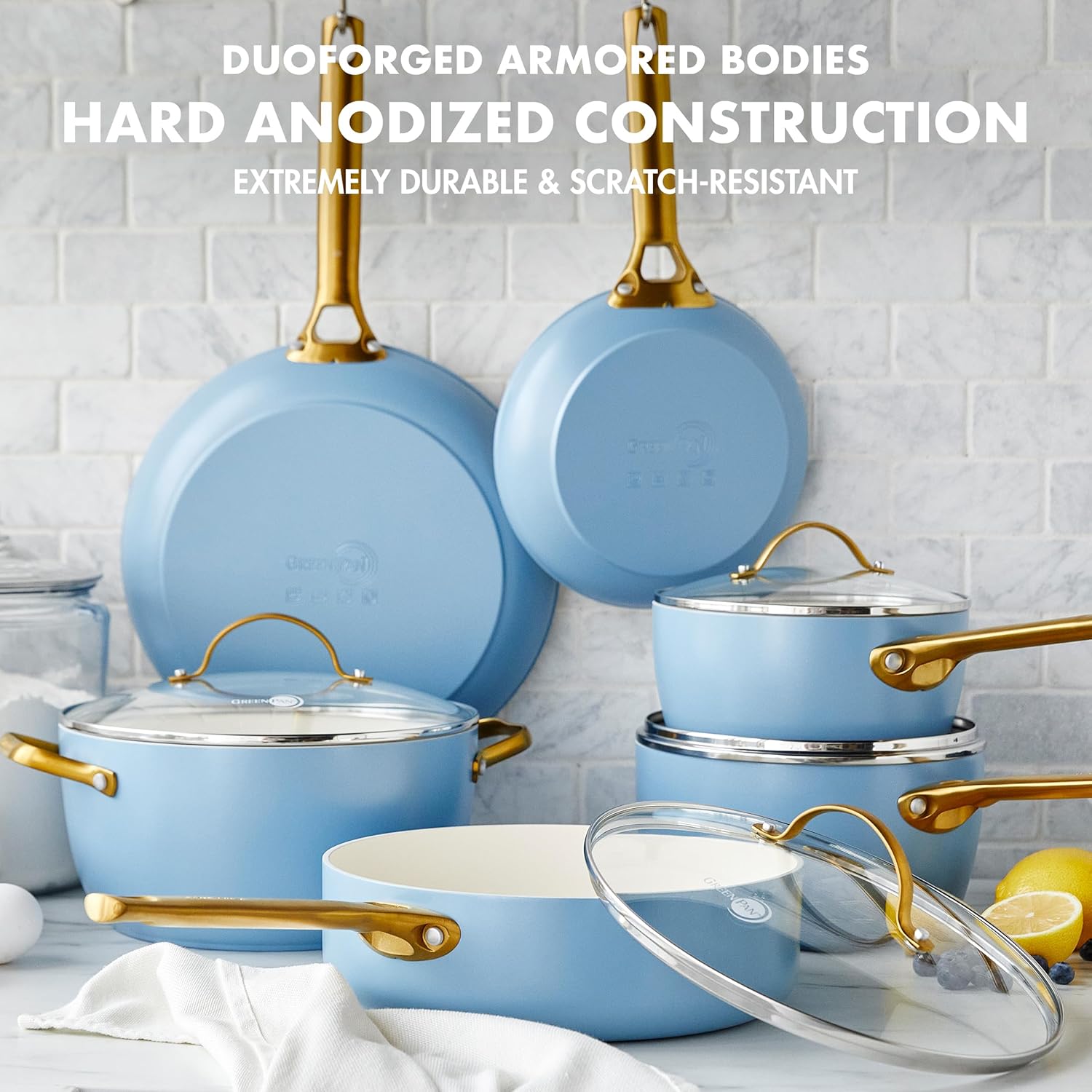 GreenPan Reserve Hard Anodized Healthy Ceramic Nonstick 10 Piece Cookware Pots and Pans Set, Gold-Tone Stainless Steel Handles, PFAS & PFOA-Free, Dishwasher Safe, Oven & Broiler Safe, Sky Blue6