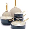 GreenPan Reserve Hard Anodized Healthy Ceramic Nonstick 10 Piece Cookware Pots and Pans Set, Gold-Tone Stainless Steel Handles, PFAS & PFOA-Free, Dishwasher Safe, Oven & Broiler Safe, Twilight Blue