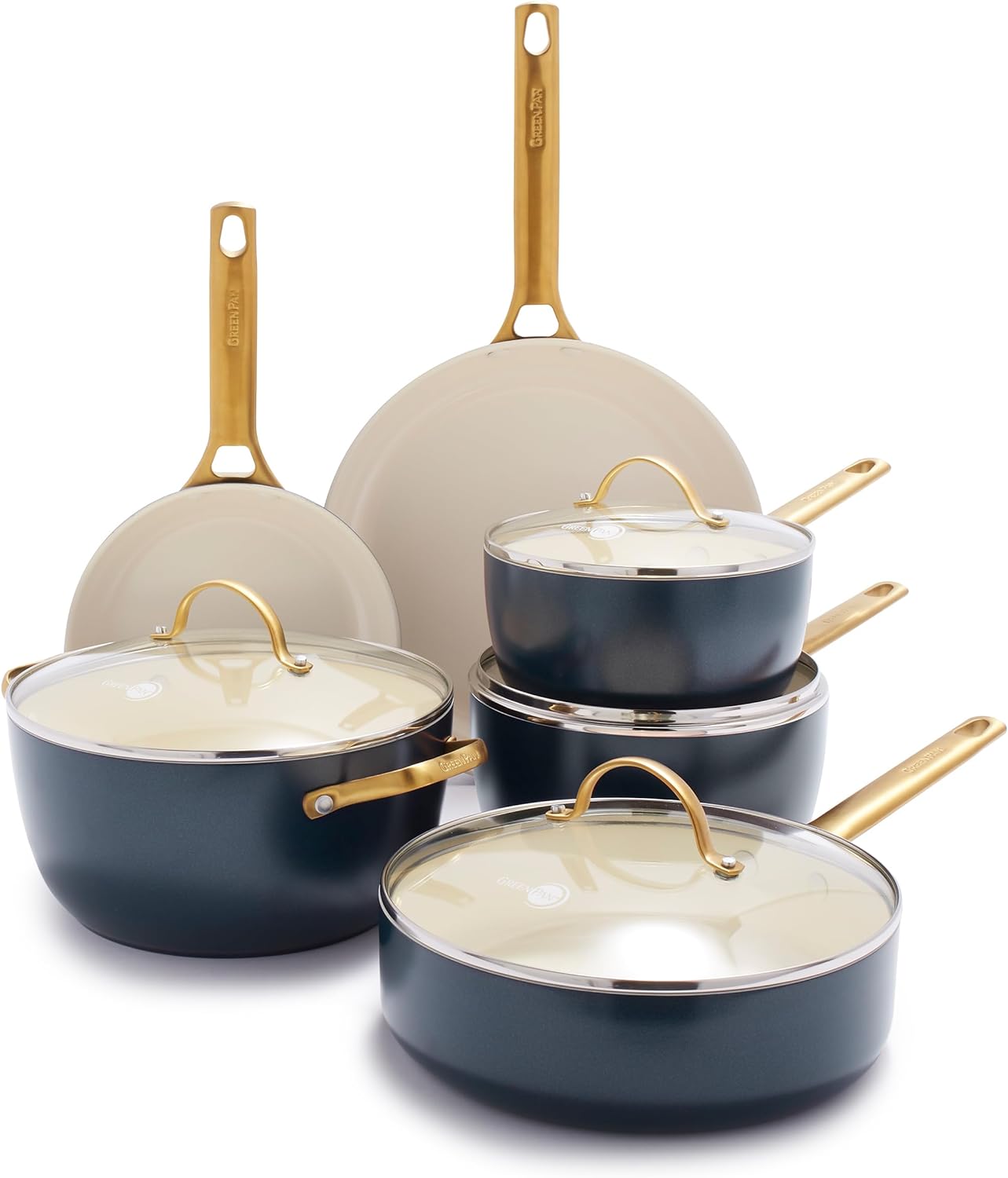 GreenPan Reserve Hard Anodized Healthy Ceramic Nonstick 10 Piece Cookware Pots and Pans Set, Gold-Tone Stainless Steel Handles, PFAS & PFOA-Free, Dishwasher Safe, Oven & Broiler Safe, Twilight Blue GreenPan Reserve Hard Anodized Healthy Ceramic Nonstick 10 Piece Cookware Pots and Pans Set, Gold-Tone Stainless Steel Handles, PFAS & PFOA-Free, Dishwasher Safe, Oven & Broiler Safe, Twilight Blue