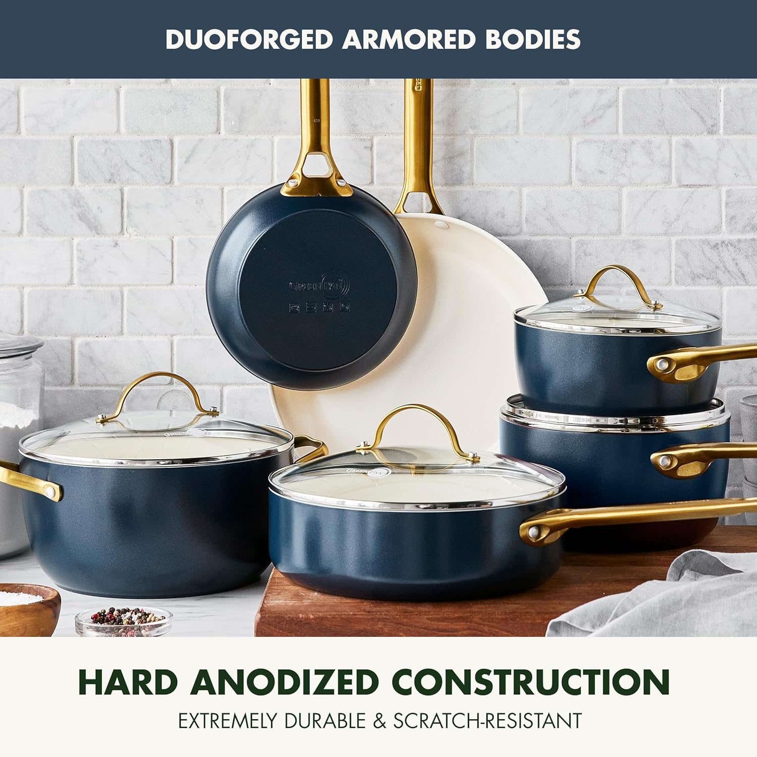GreenPan Reserve Hard Anodized Healthy Ceramic Nonstick 10 Piece Cookware Pots and Pans Set, Gold-Tone Stainless Steel Handles, PFAS & PFOA-Free, Dishwasher Safe, Oven & Broiler Safe, Twilight Blue8