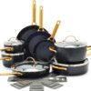 GreenPan Reserve Hard Anodized Healthy Ceramic Nonstick, 16 Piece Cookware Pots and Pans Set, Gold Handle, PFAS-Free, Dishwasher Safe, Oven Safe, Black