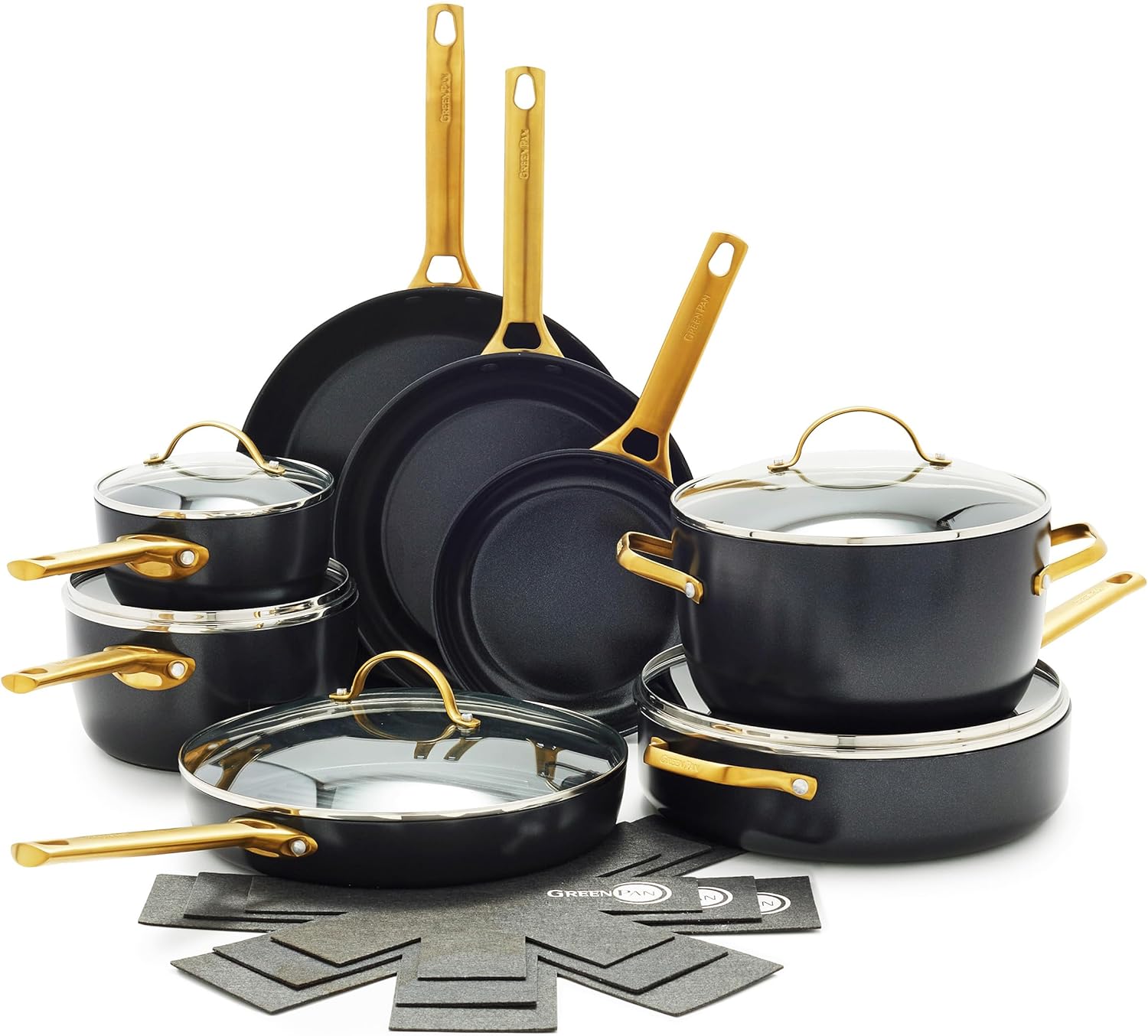 GreenPan Reserve Hard Anodized Healthy Ceramic Nonstick, 16 Piece Cookware Pots and Pans Set, Gold Handle, PFAS-Free, Dishwasher Safe, Oven Safe, Black GreenPan Reserve Hard Anodized Healthy Ceramic Nonstick, 16 Piece Cookware Pots and Pans Set, Gold Handle, PFAS-Free, Dishwasher Safe, Oven Safe, Black