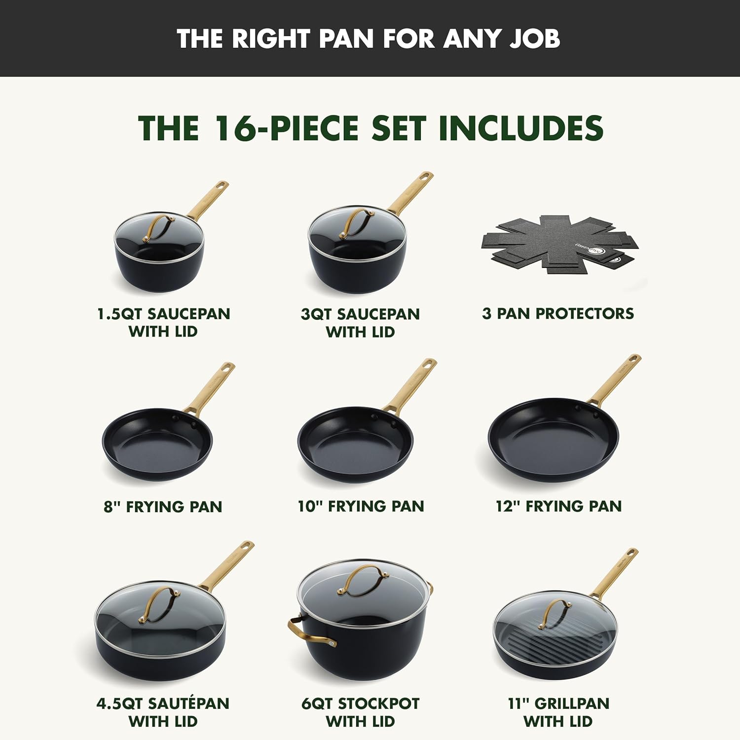 GreenPan Reserve Hard Anodized Healthy Ceramic Nonstick, 16 Piece Cookware Pots and Pans Set, Gold Handle, PFAS-Free, Dishwasher Safe, Oven Safe, Black3