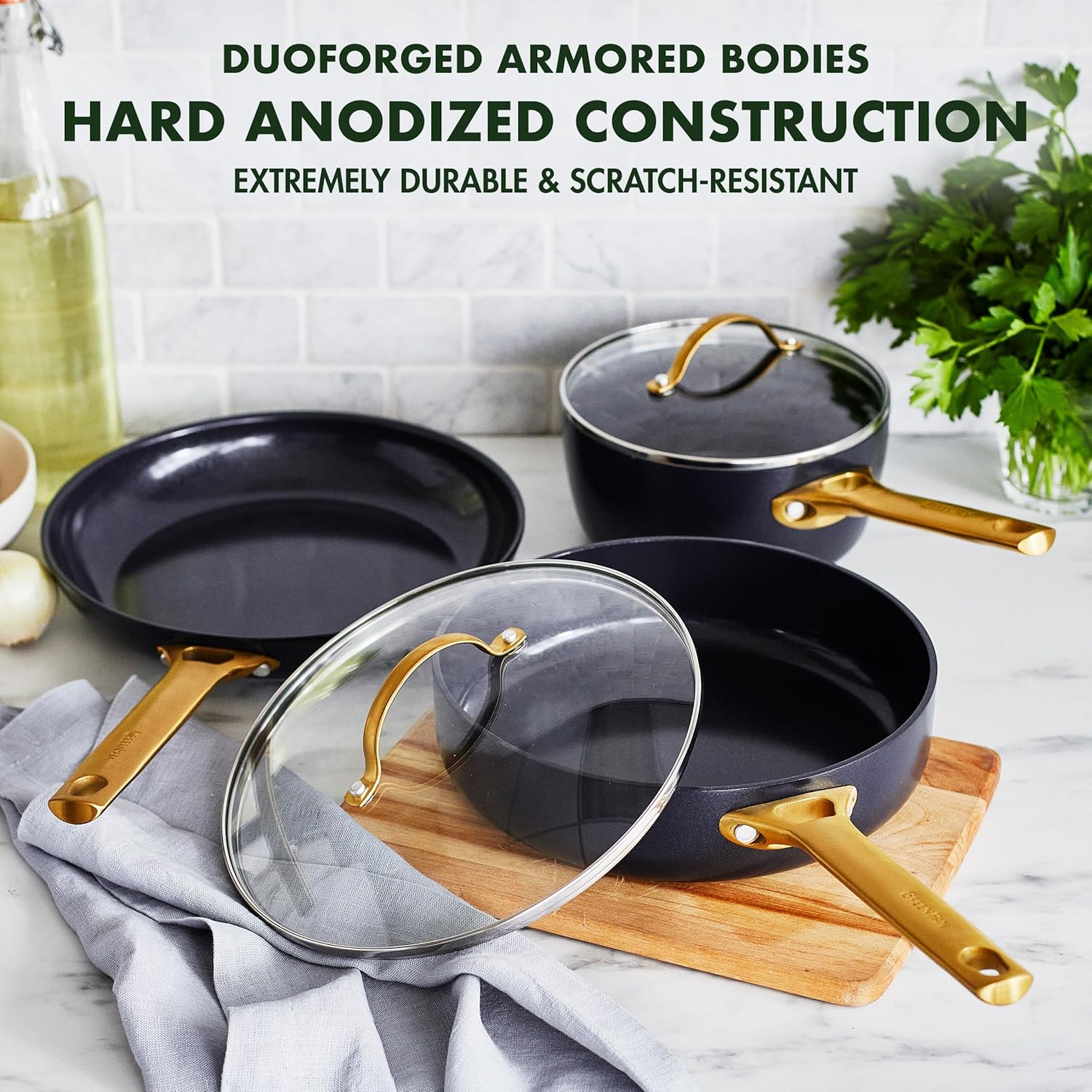 GreenPan Reserve Hard Anodized Healthy Ceramic Nonstick 5 Piece Cookware Pots and Pans Set, Gold Handle, PFAS-Free, Dishwasher Safe, Oven Safe, Black6