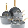 GreenPan Reserve Hard Anodized Healthy Cermaic Nonstick 12 Piece Cookware Pots and Pans Set, Gold Handles, PFAS-Free, Dishwasher Safe, Charcoal