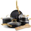 GreenPan Swift 12 Piece Cookware Pot and Pans Set, PFAS & PFOA-Free Healthy Ceramic Nonstick, Gold Stainless Steel Handle, Versatile Cooking Essentials, Dishwasher & Oven Safe, Black