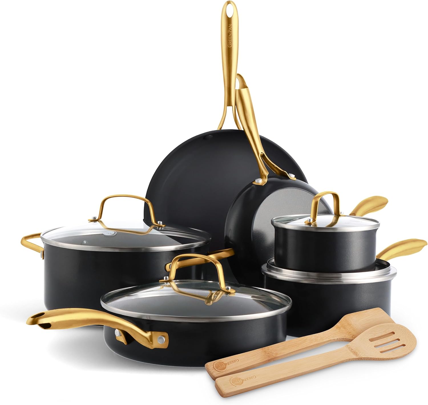 GreenPan Swift 12 Piece Cookware Pot and Pans Set, PFAS & PFOA-Free Healthy Ceramic Nonstick, Gold Stainless Steel Handle, Versatile Cooking Essentials, Dishwasher & Oven Safe, Black GreenPan Swift 12 Piece Cookware Pot and Pans Set, PFAS & PFOA-Free Healthy Ceramic Nonstick, Gold Stainless Steel Handle, Versatile Cooking Essentials, Dishwasher & Oven Safe, Black