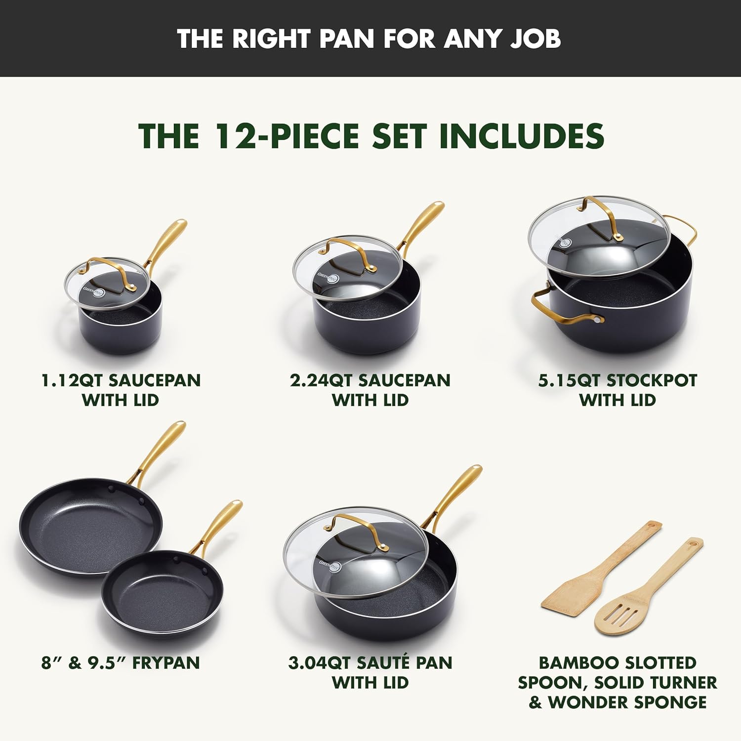 GreenPan Swift 12 Piece Cookware Pot and Pans Set, PFAS & PFOA-Free Healthy Ceramic Nonstick, Gold Stainless Steel Handle, Versatile Cooking Essentials, Dishwasher & Oven Safe, Black3