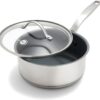 GreenPan Treviso Healthy Ceramic Nonstick 2.1QT Saucepan with Lid, PFOA-Free PFAS-Free, Stainless Steel Clad Cookware, Induction, Dishwasher Safe, Oven Safe, Even Heating, Silver