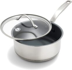 GreenPan Treviso Healthy Ceramic Nonstick 2.1QT Saucepan with Lid, PFOA-Free PFAS-Free, Stainless Steel Clad Cookware, Induction, Dishwasher Safe, Oven Safe, Even Heating, Silver