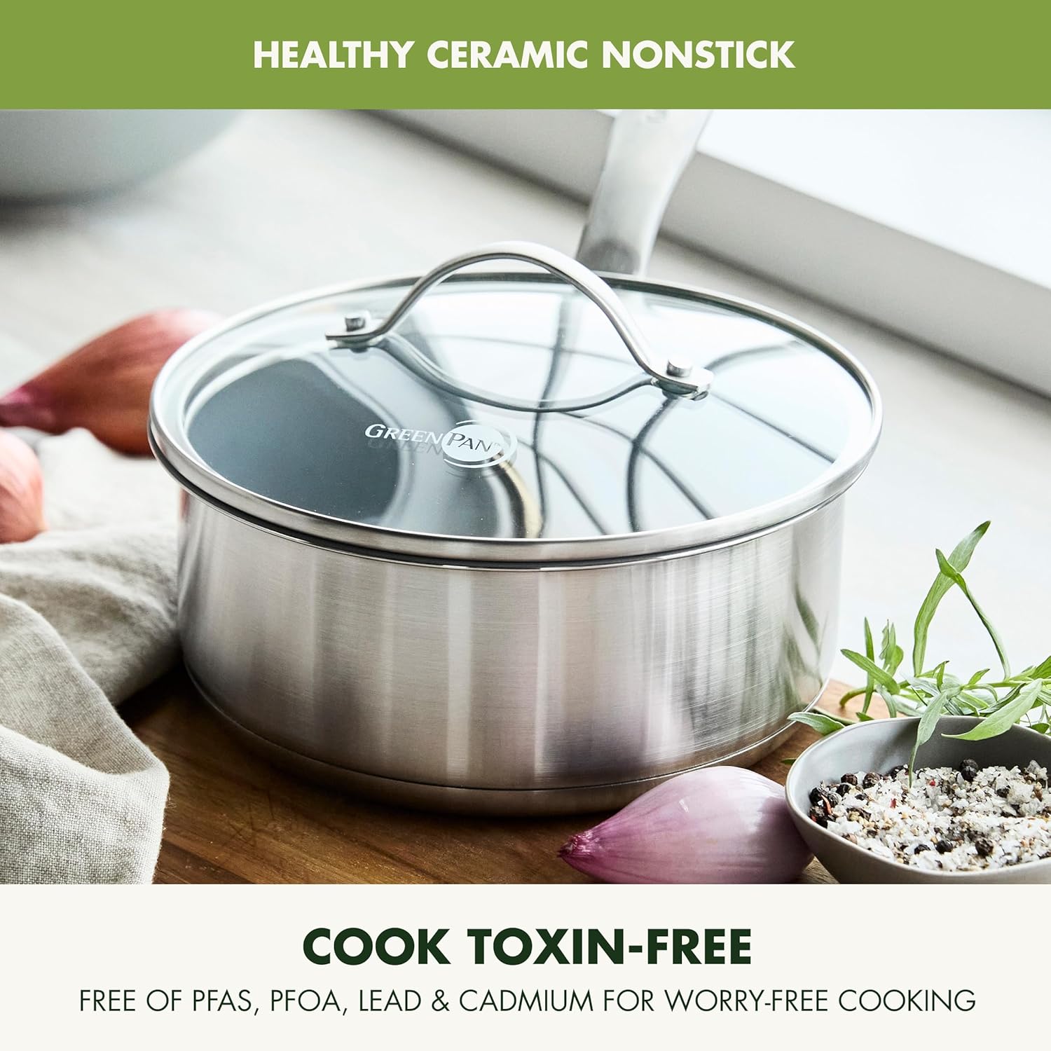 GreenPan Treviso Healthy Ceramic Nonstick 2.1QT Saucepan with Lid, PFOA-Free PFAS-Free, Stainless Steel Clad Cookware, Induction, Dishwasher Safe, Oven Safe, Even Heating, Silver1