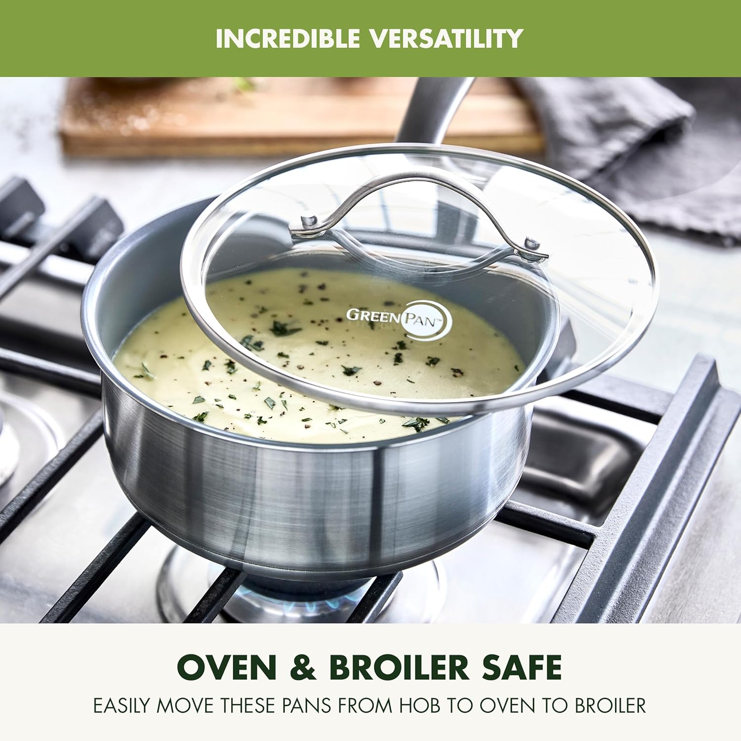 GreenPan Treviso Healthy Ceramic Nonstick 2.1QT Saucepan with Lid, PFOA-Free PFAS-Free, Stainless Steel Clad Cookware, Induction, Dishwasher Safe, Oven Safe, Even Heating, Silver67