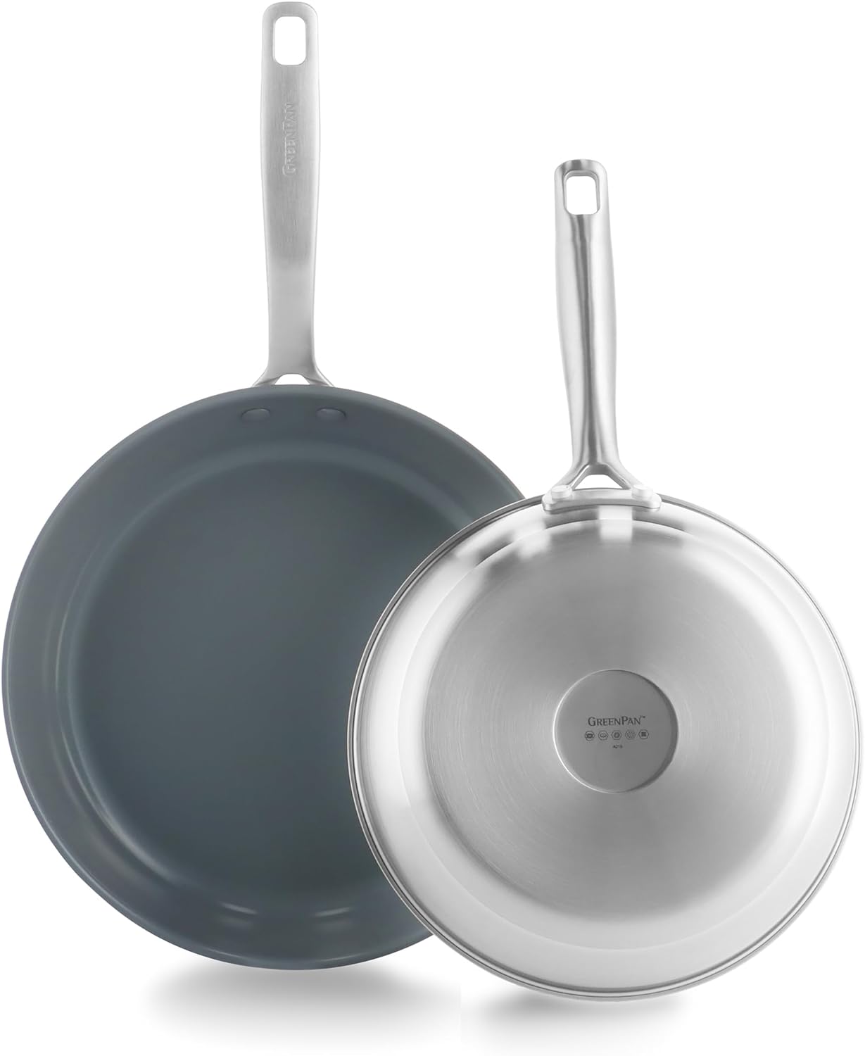 GreenPan Treviso Stainless Steel Healthy Ceramic Nonstick, 9.5 and 11 Frying Pan Skillet Set, PFAS-Free,Clad, Induction, Dishwasher Safe, Silver GreenPan Treviso Stainless Steel Healthy Ceramic Nonstick, 9.5" and 11" Frying Pan Skillet Set, PFAS-Free,Clad, Induction, Dishwasher Safe, Silver