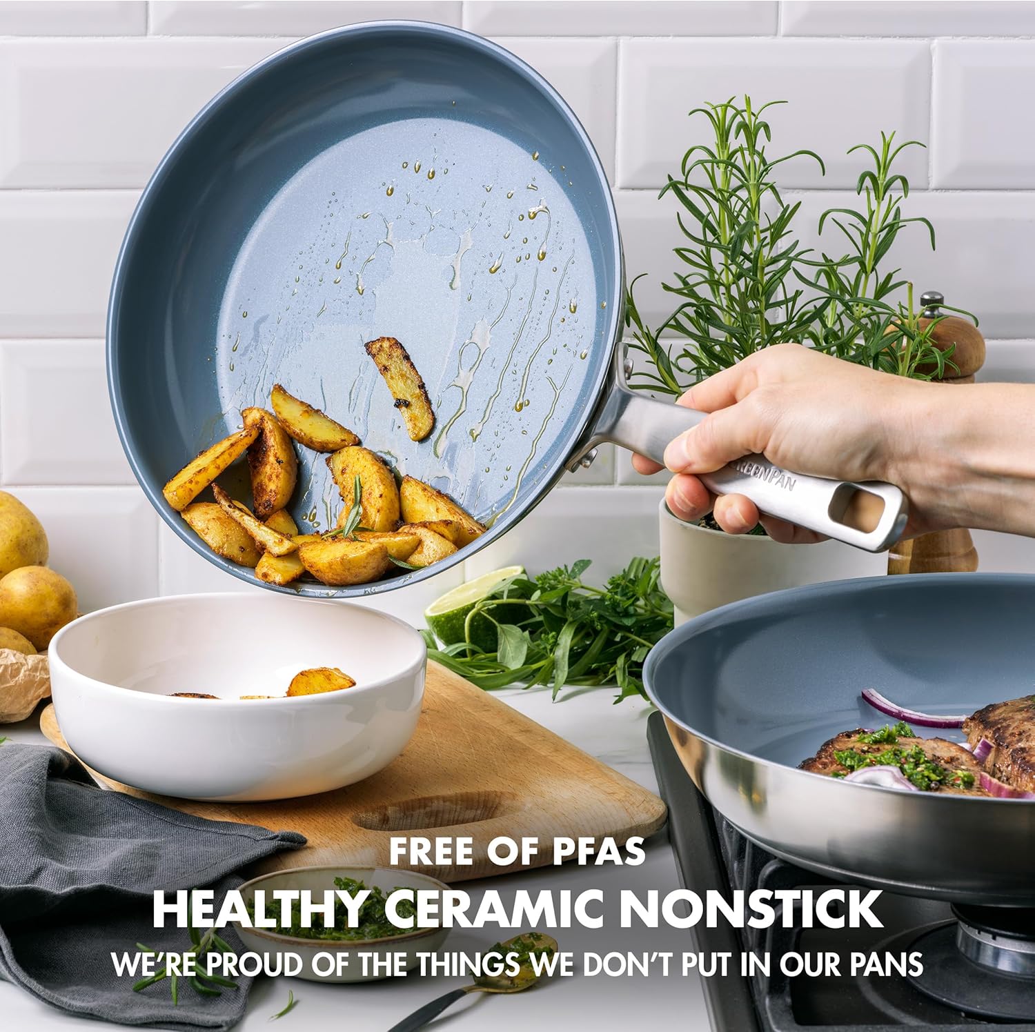GreenPan Treviso Stainless Steel Healthy Ceramic Nonstick, 9.5 and 11 Frying Pan Skillet Set, PFAS-Free,Clad, Induction, Dishwasher Safe, Silver1