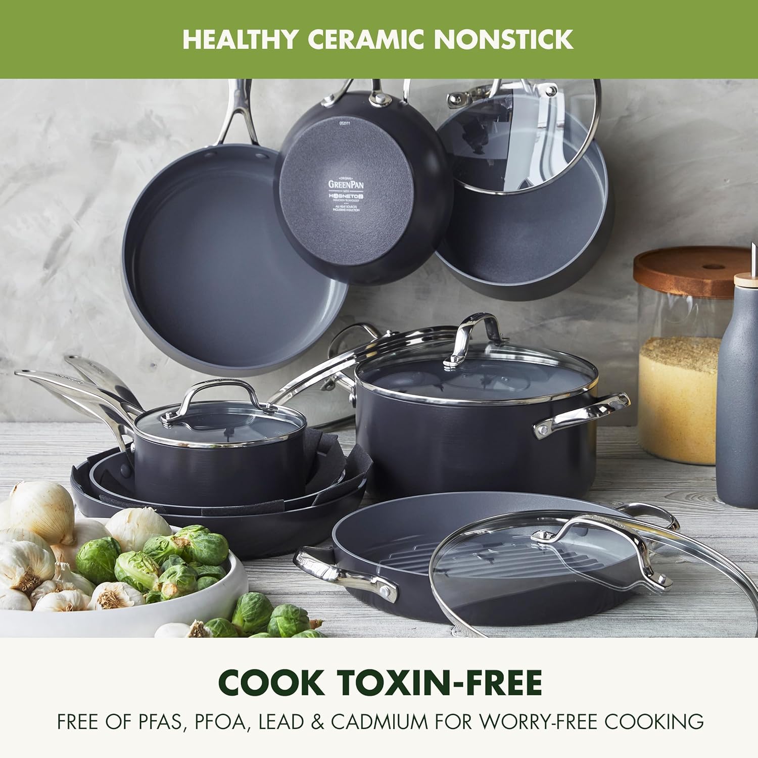 GreenPan Valencia Pro Hard Anodized Healthy Ceramic Nonstick 16 Piece Cookware Pots and Pans Set, PFAS-Free, Induction, Dishwasher Safe, Oven Safe, Gray1