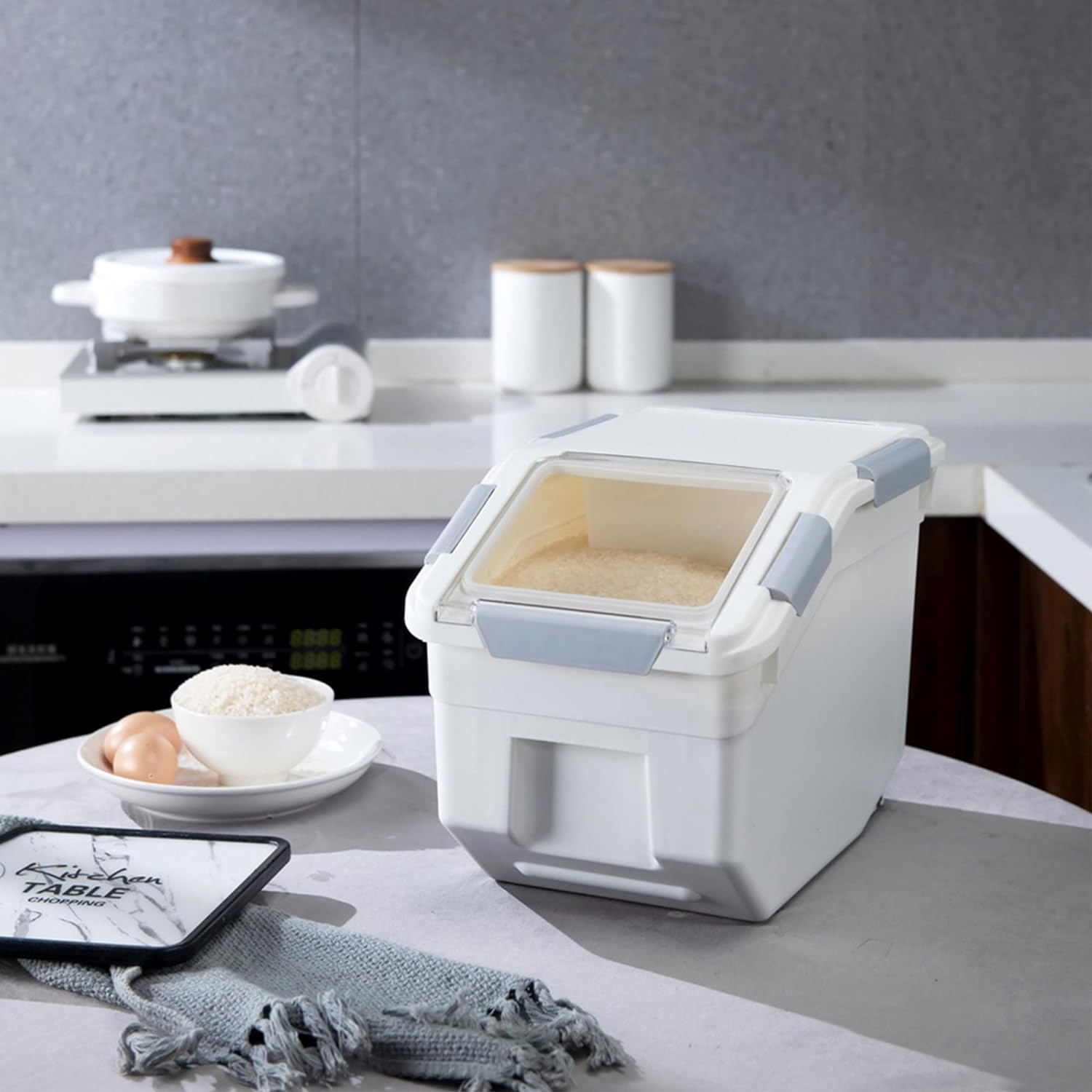 HANAMYA 10 Liter 20 lbs Rice Storage Container with Measuring Cup, BPA free, For Rice Grain Pet Food Flour, 2 count, White2