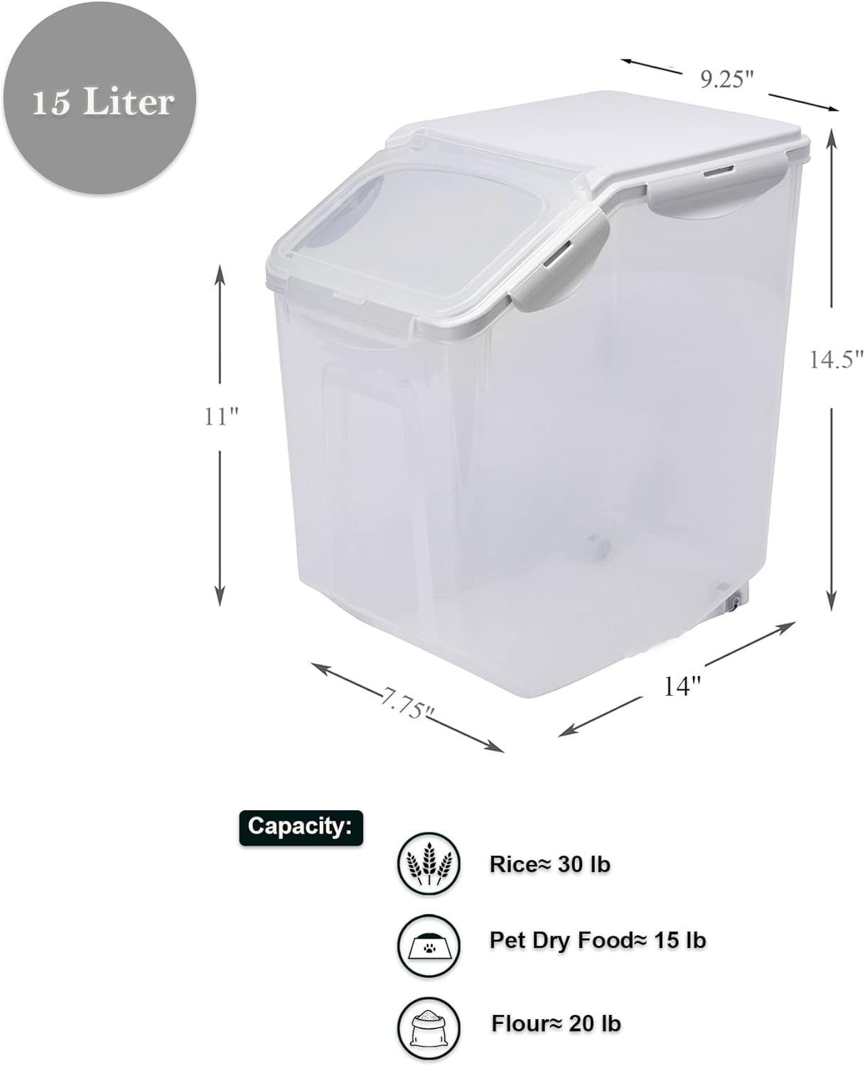 HANAMYA 15 Liter 30 lbs Rice Storage Container with Measuring Cup, BPA free, For Rice Grain Pet Food Flour, 1 count, Clear5