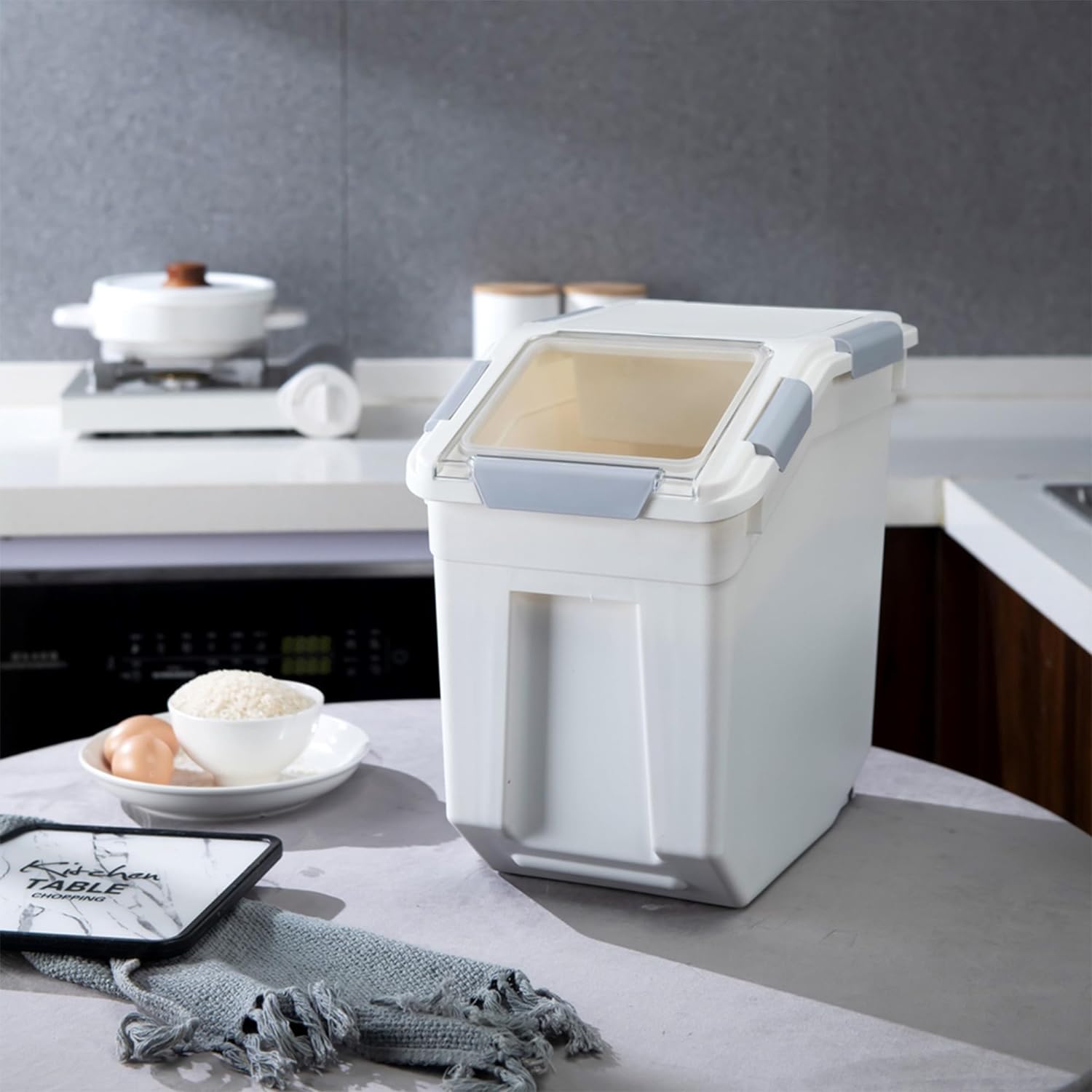 HANAMYA 15 Liter 30 lbs Rice Storage Container with Measuring Cup, BPA free, For Rice Grain Pet Food Flour, 1 count, White1