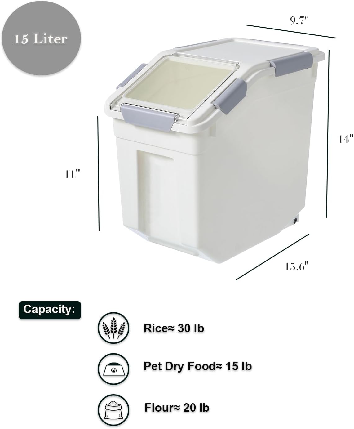 HANAMYA 15 Liter 30 lbs Rice Storage Container with Measuring Cup, BPA free, For Rice Grain Pet Food Flour, 1 count, White2
