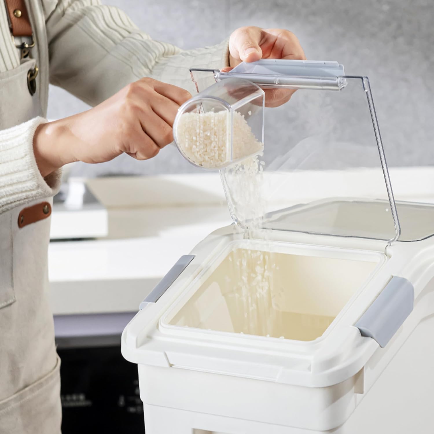 HANAMYA 15 Liter 30 lbs Rice Storage Container with Measuring Cup, BPA free, For Rice Grain Pet Food Flour, 1 count, White5