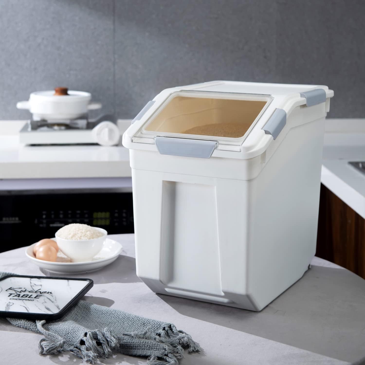 HANAMYA 25 Liter 40 lbs Rice Storage Container with Measuring Cup, BPA free, For Rice Grain Pet Food Flour, 2 count, White1